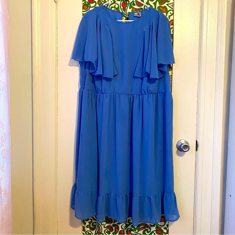 Dreamy blue Asos Curve flutter sleeve ruffle midi tea dress, size US 18.